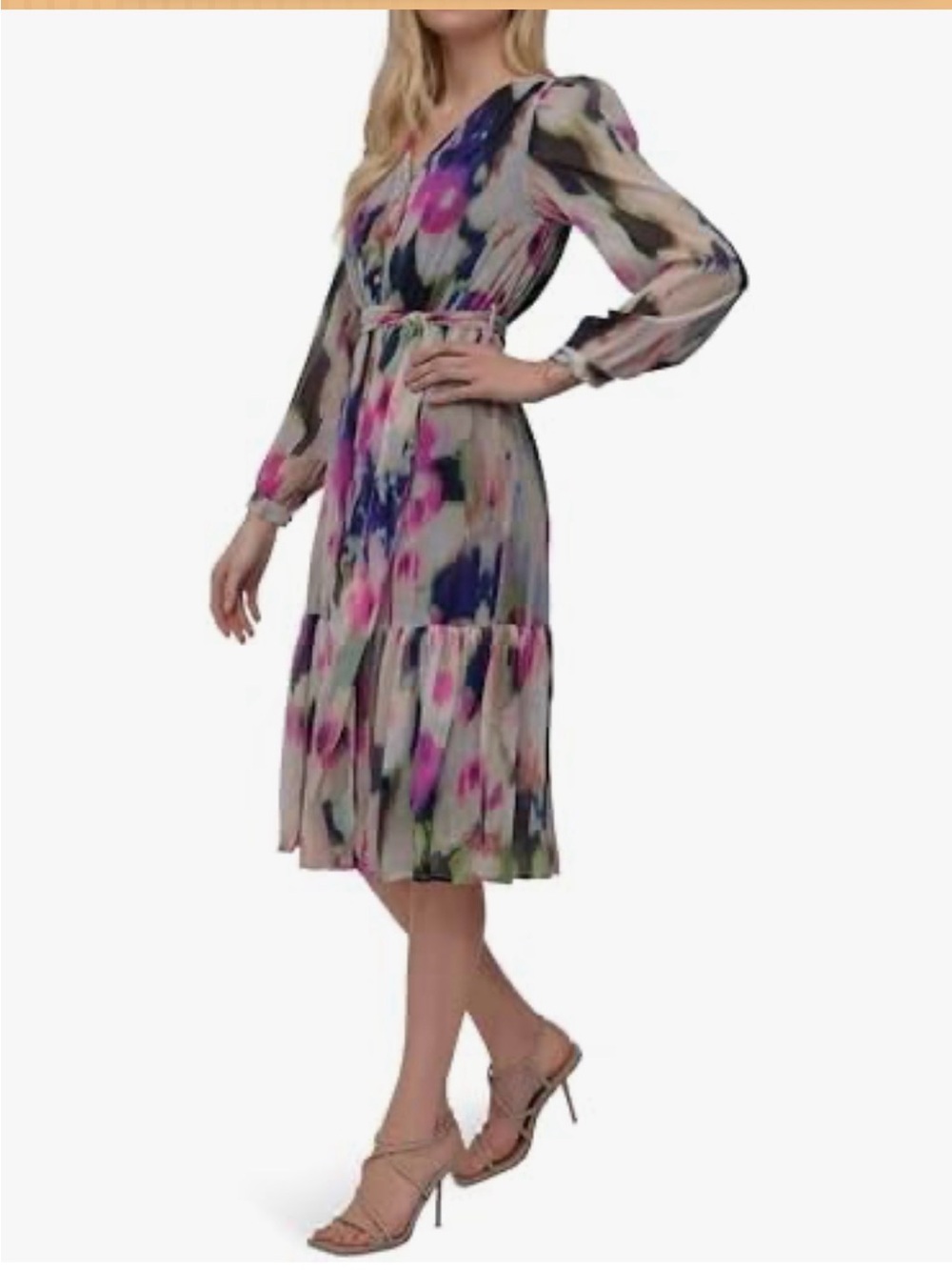 DKNY Pink & Blue Floral V‑Neck Long Sleeve Midi Dress